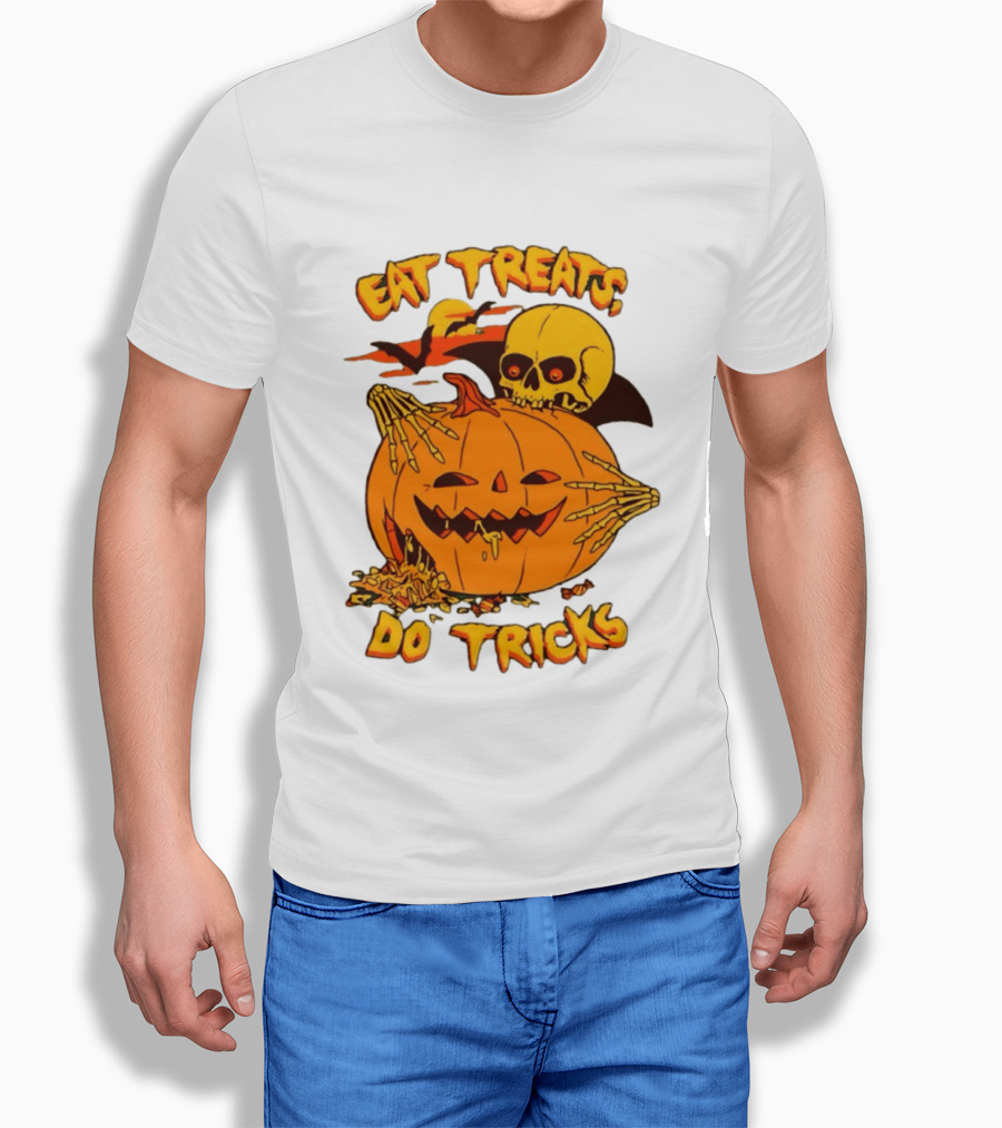 Eat Treats Do Tricks Skeleton And Pumpkin Halloween 2026 T-Shirt