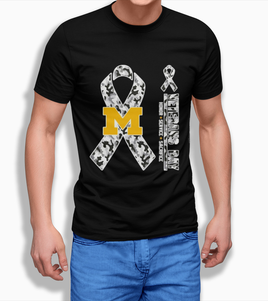 Michigan Wolverines M Logo Camouflage Ribbon Veterans Day 2026 Honor Service Sacrifice T-Shirt