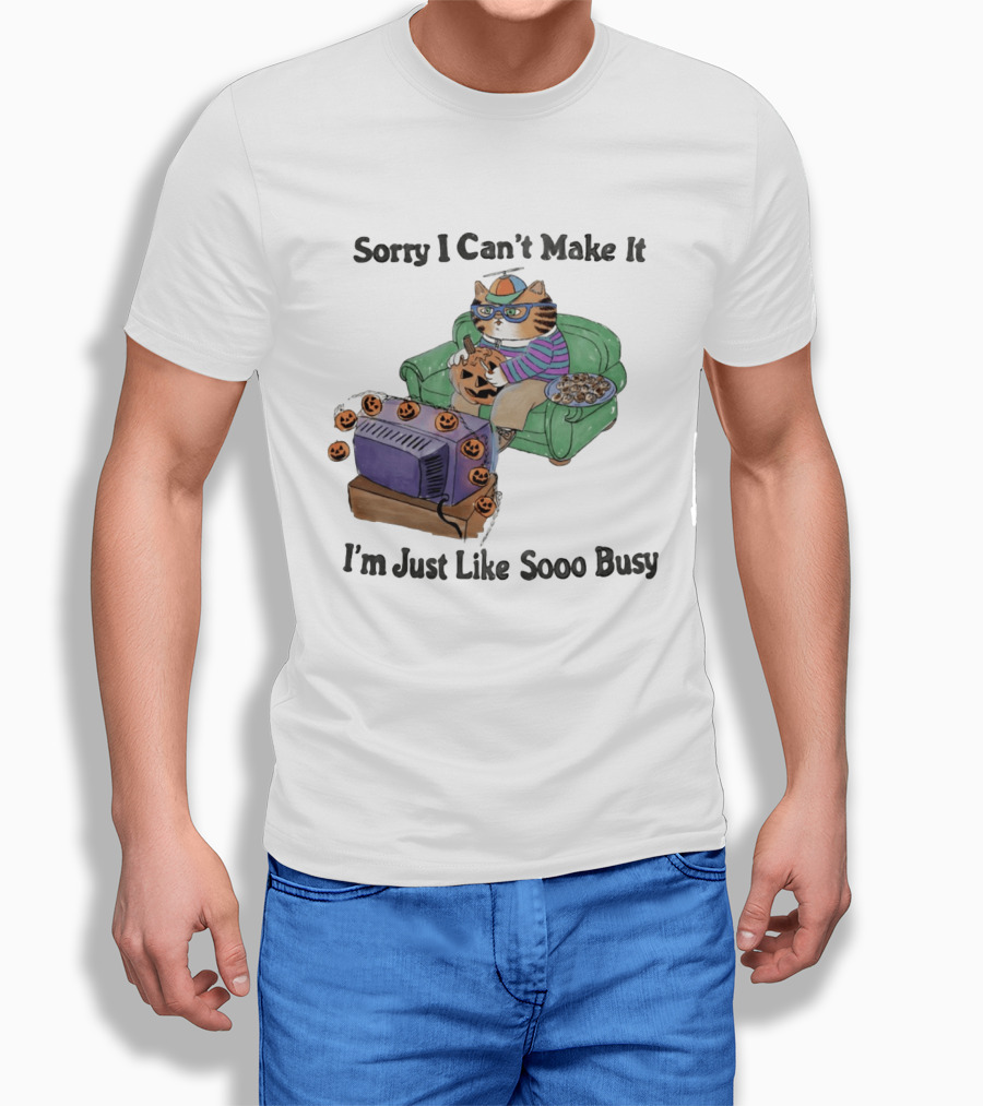 Sorry I Can't Make It I'm Just Like Sooo Busy Cat Carving Pumpkin With TV And Snacks T-Shirt