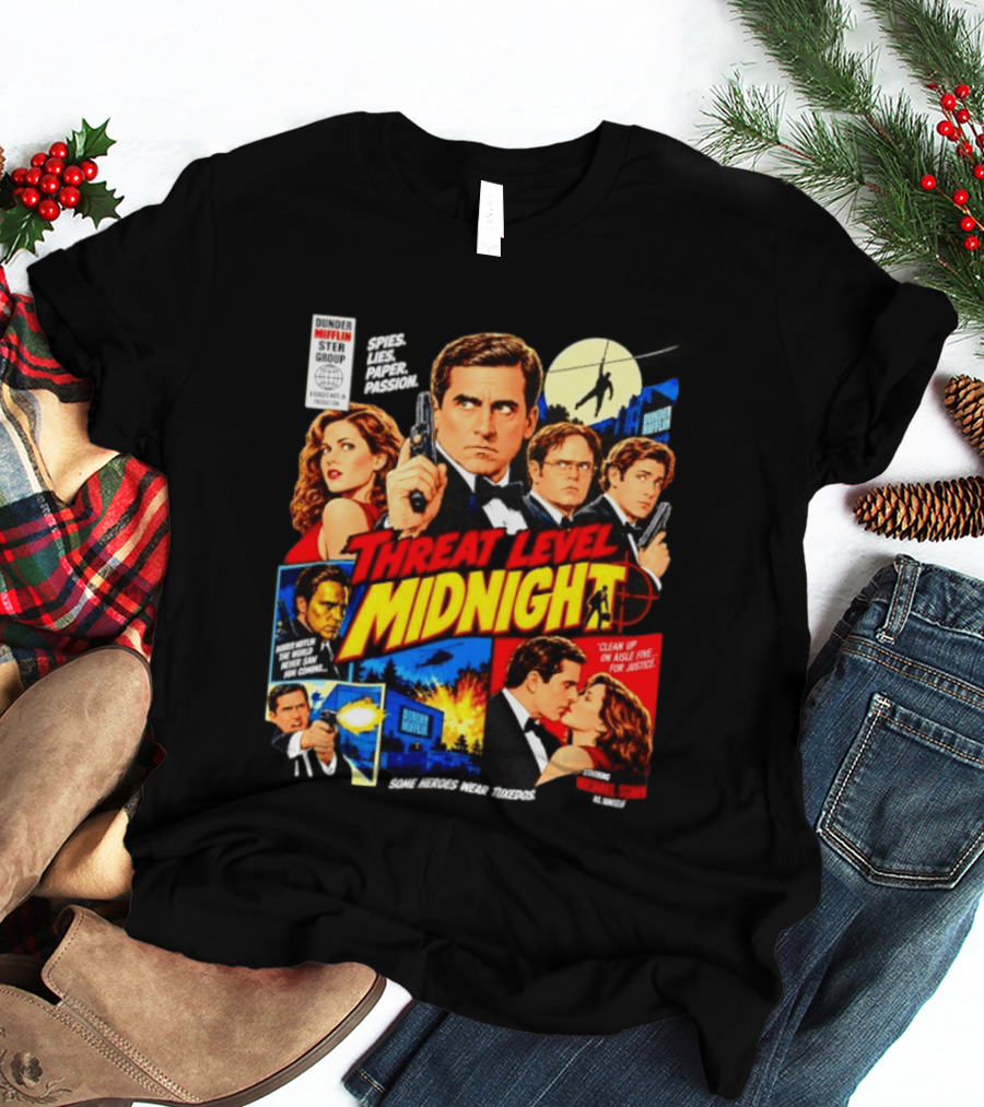 Threat Level Midnight Spies Lies Paper Passion Dunder Mifflin Group Heroes Tuxedos T-Shirt