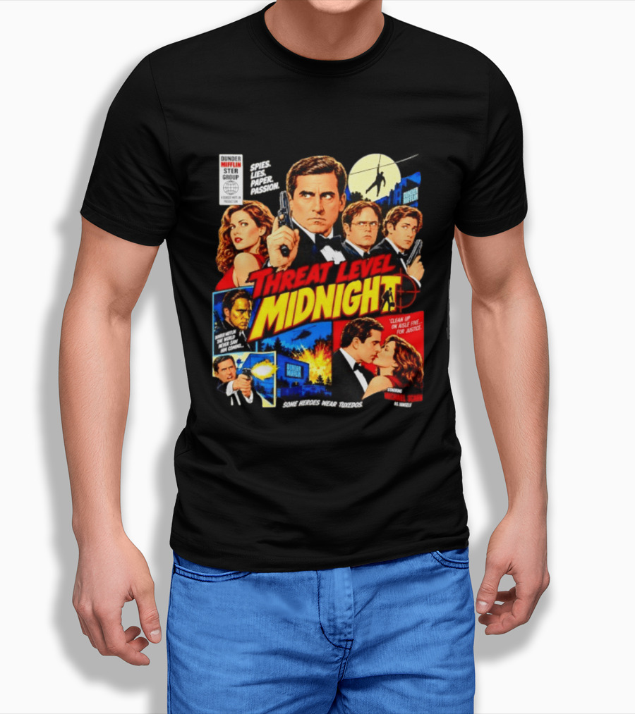 Threat Level Midnight Spies Lies Paper Passion Dunder Mifflin Group Heroes Tuxedos T-Shirt