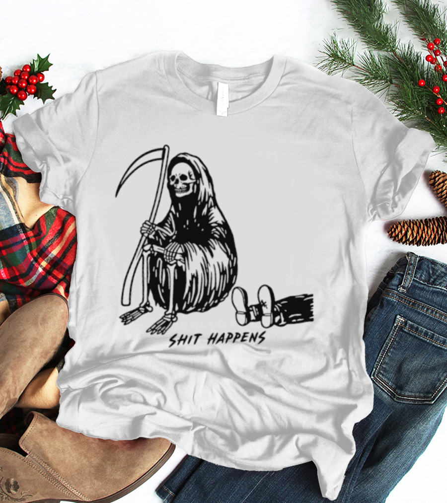 Grim Reaper Shit Happens Sitting With Scythe And Fallen Tricycle T-Shirt