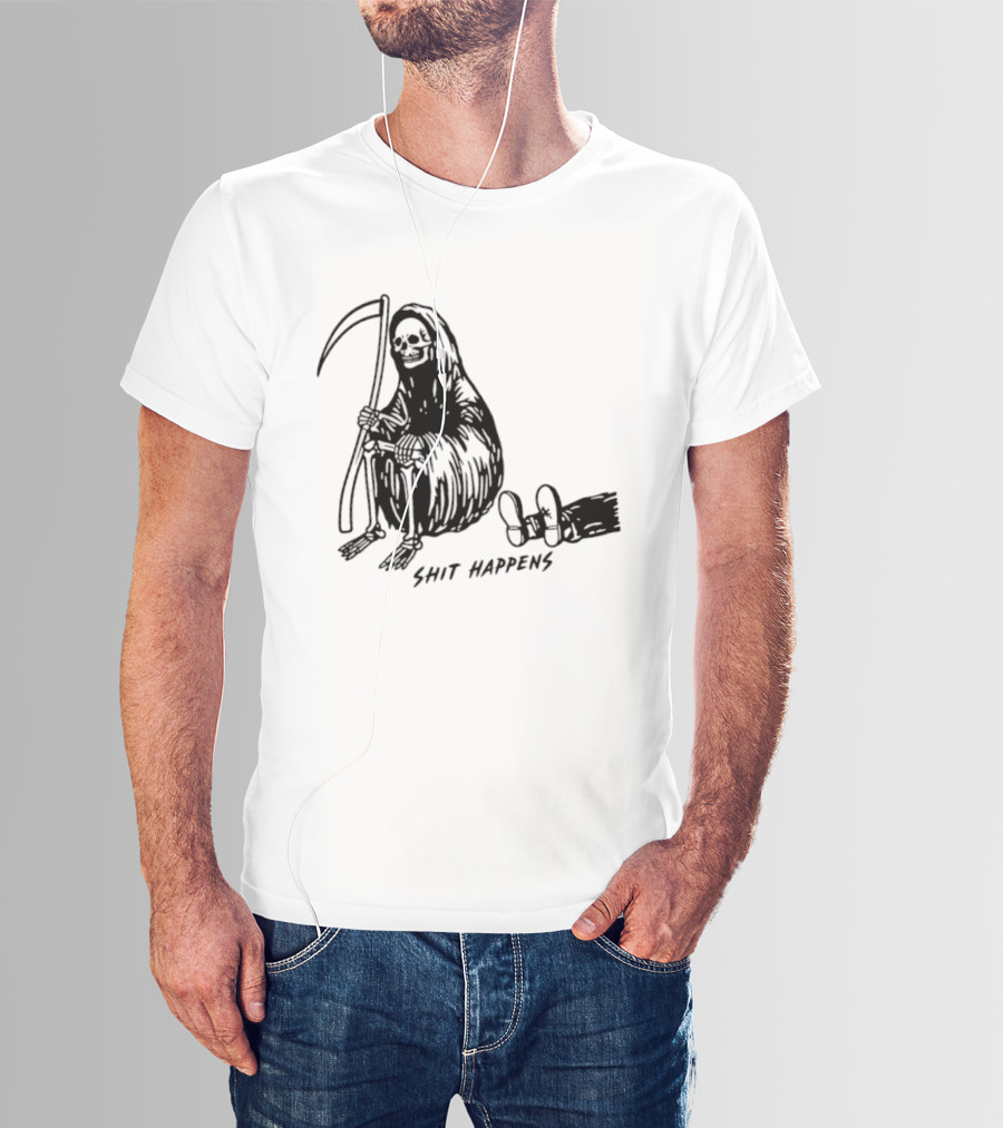 Grim Reaper Shit Happens Sitting With Scythe And Fallen Tricycle T-Shirt