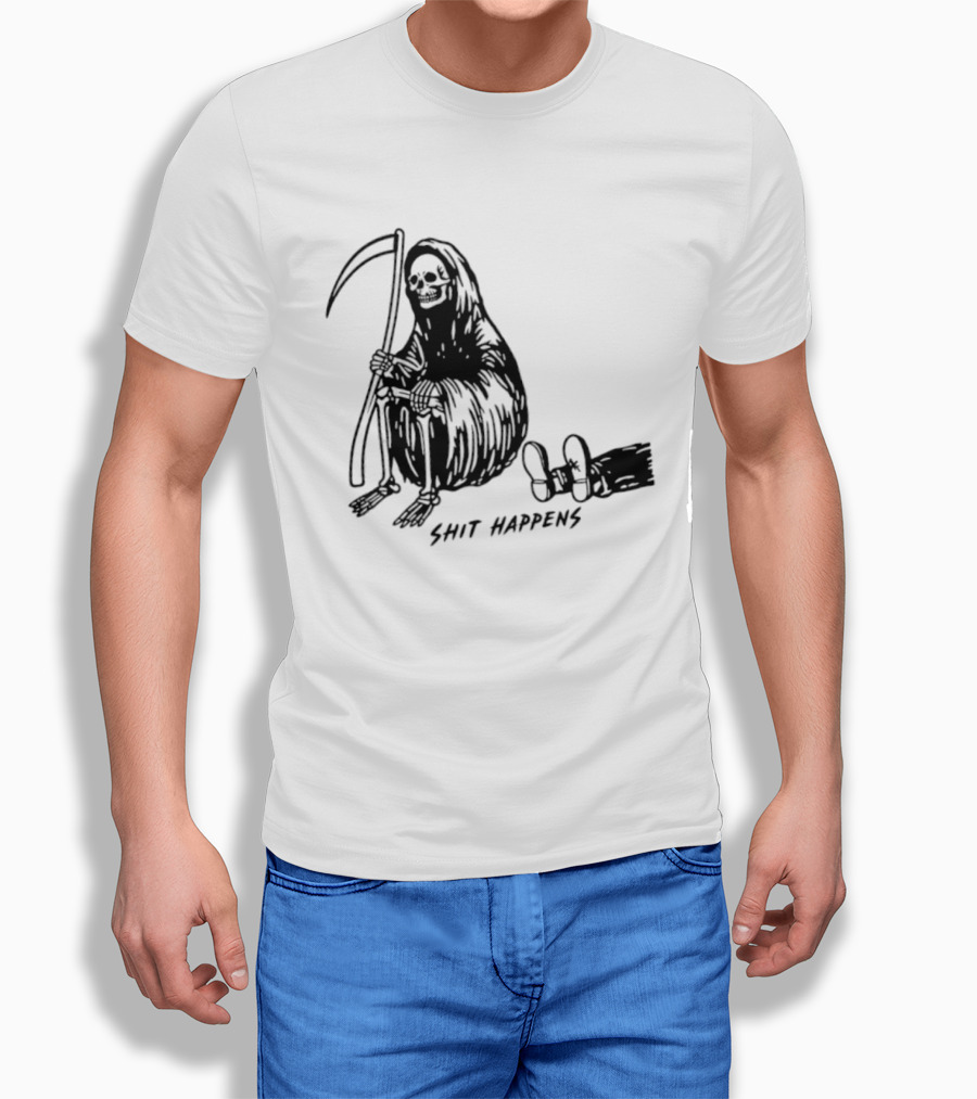 Grim Reaper Shit Happens Sitting With Scythe And Fallen Tricycle T-Shirt