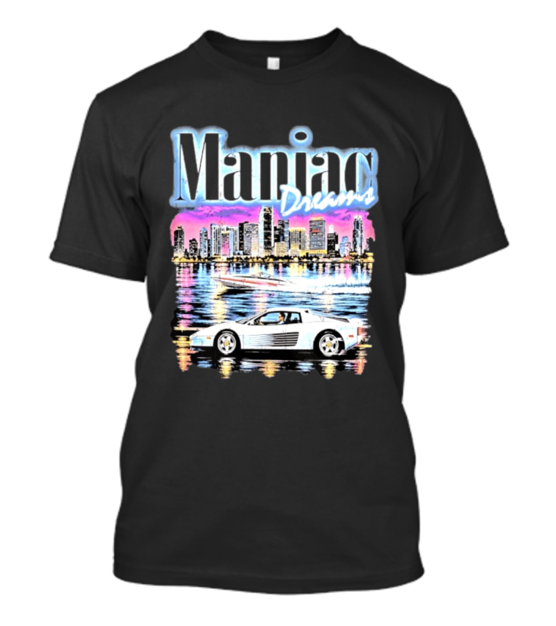 Maniac Dreams City Skyline Sports Car Speedboat T-Shirt