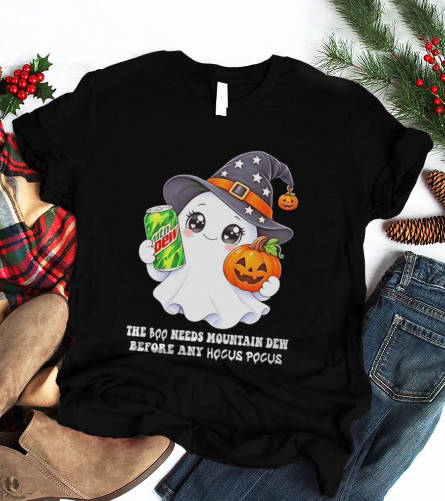 The Boo Needs Mountain Dew With Witch Hat And Pumpkin Ghost T-Shirt