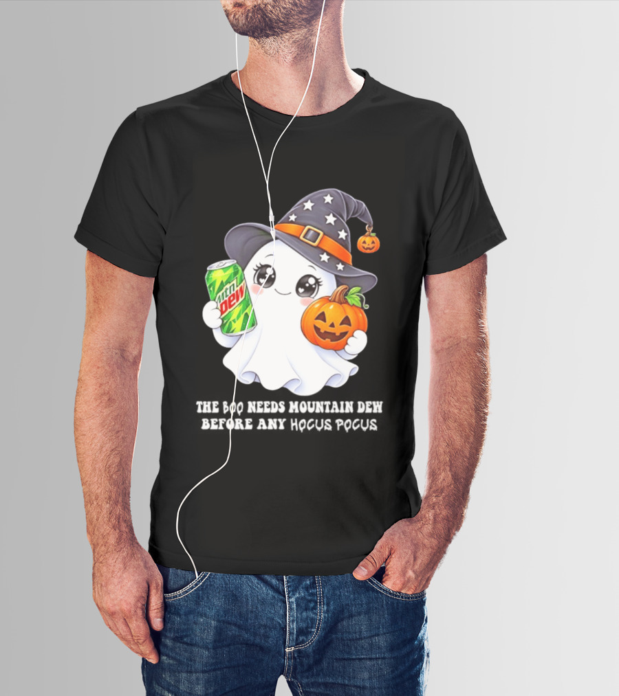 The Boo Needs Mountain Dew With Witch Hat And Pumpkin Ghost T-Shirt