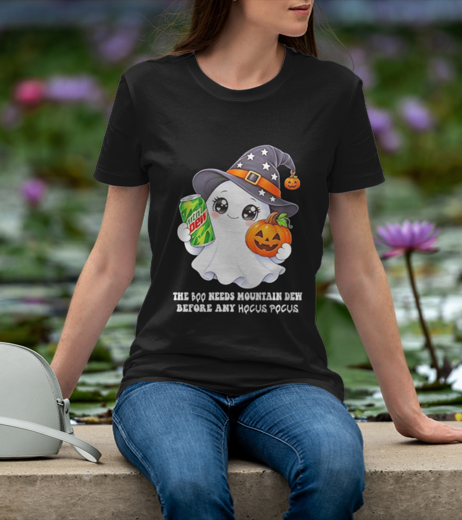 The Boo Needs Mountain Dew With Witch Hat And Pumpkin Ghost T-Shirt