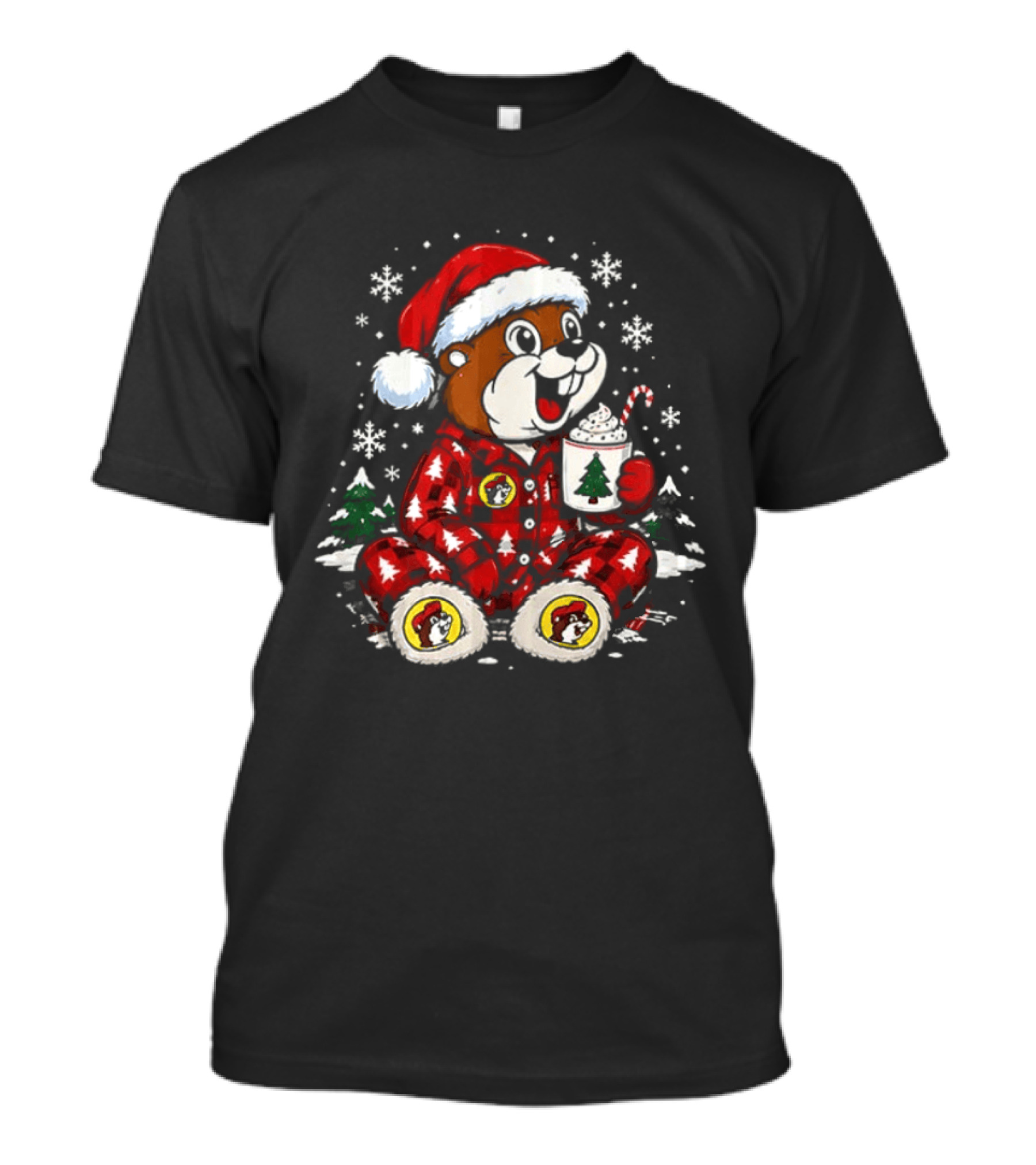 Buc Ee's 2026 Christmas Cozy Scene Santa Beaver Pajamas Snowflakes Candy Cane T-Shirt