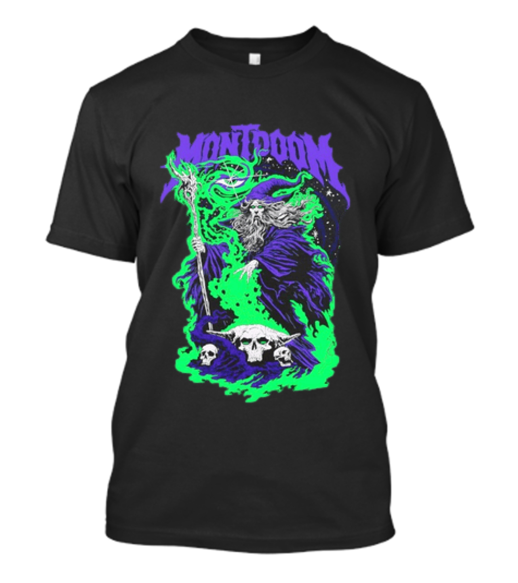 Montdoom Wizard Purple Robe Green Fire Skulls T-Shirt