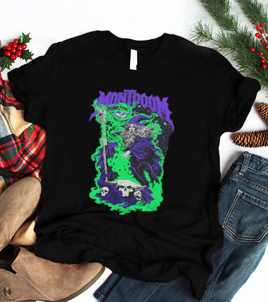 Montdoom Wizard Purple Robe Green Fire Skulls T-Shirt
