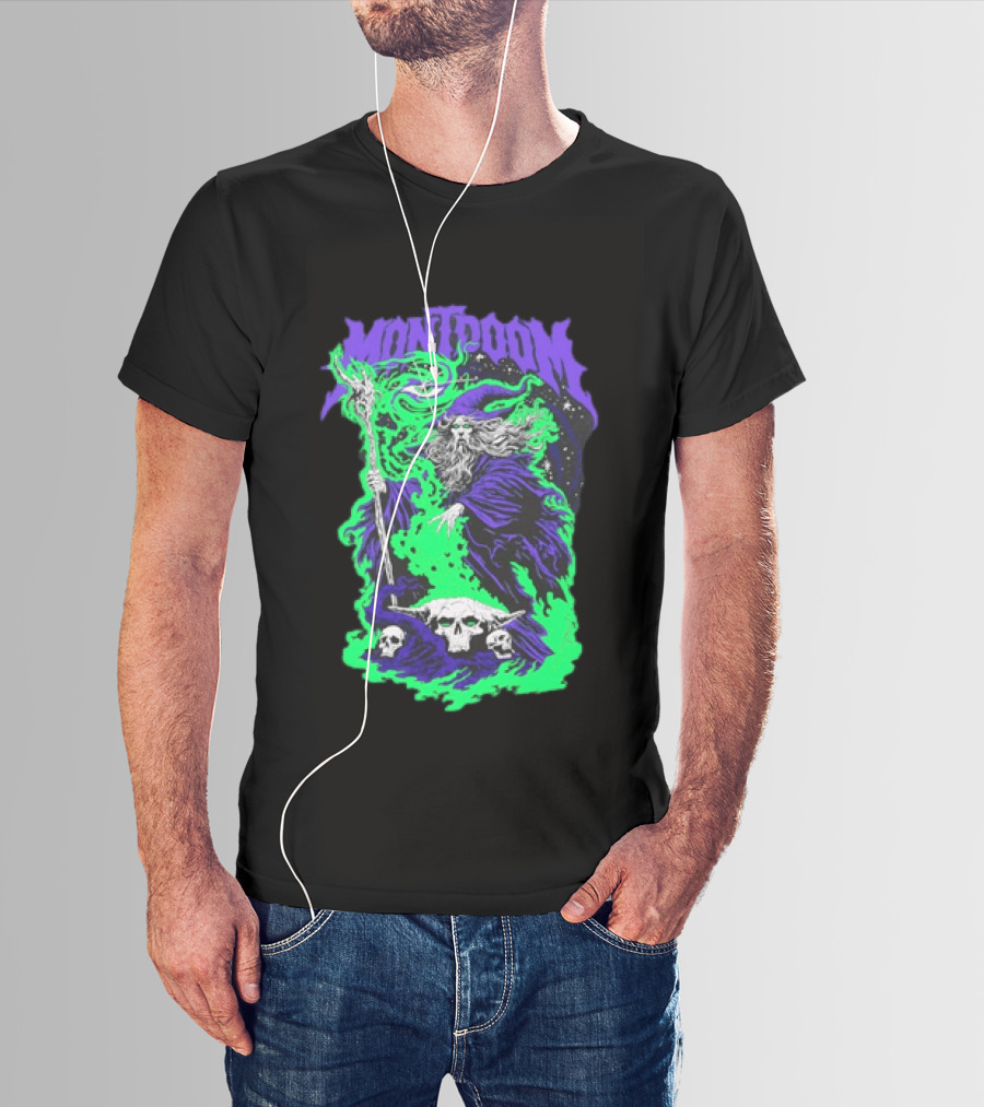 Montdoom Wizard Purple Robe Green Fire Skulls T-Shirt