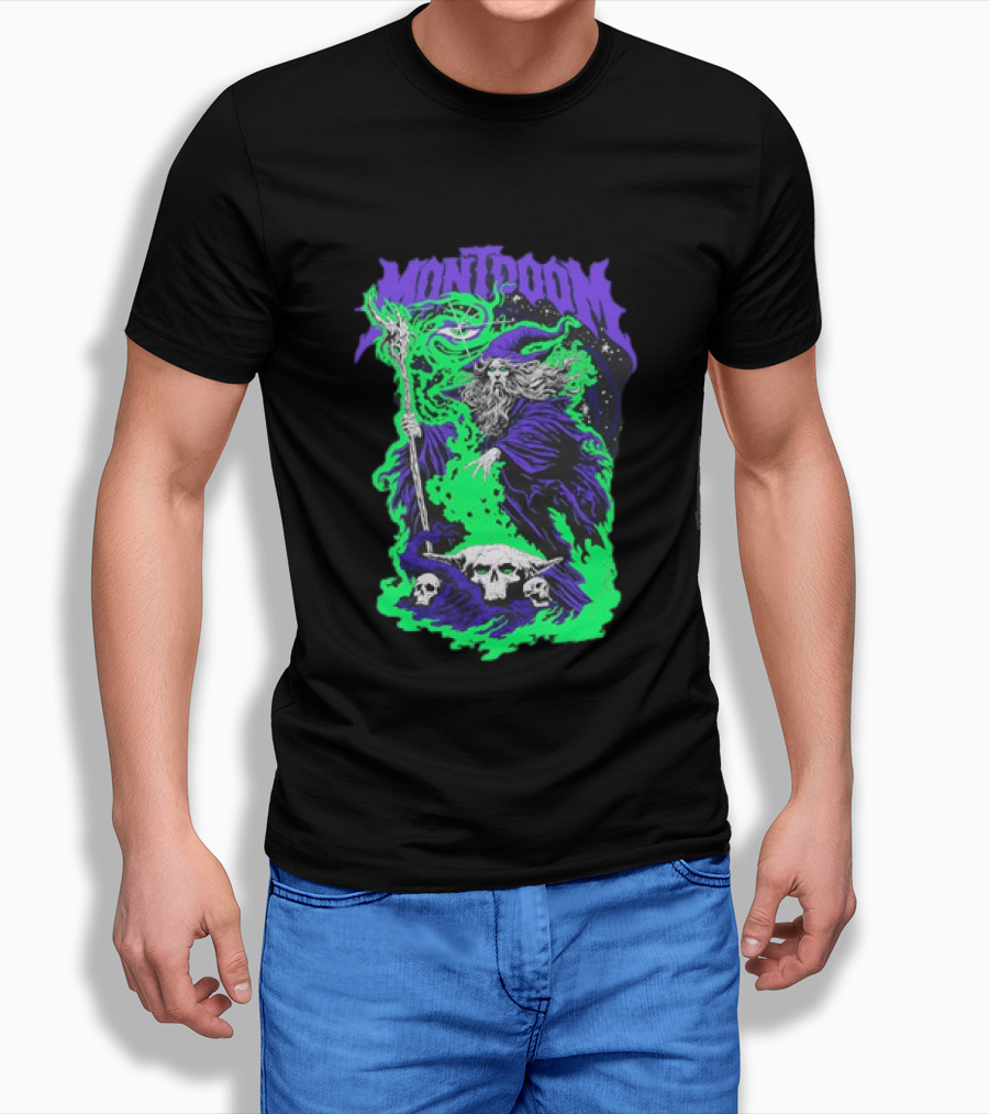 Montdoom Wizard Purple Robe Green Fire Skulls T-Shirt