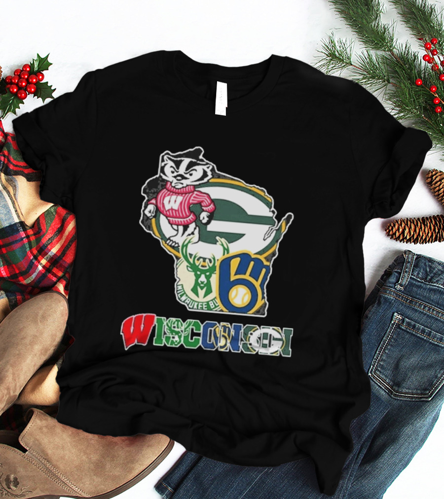 Wisconsin Badgers Packers Bucks Brewers State Mashup T-Shirt