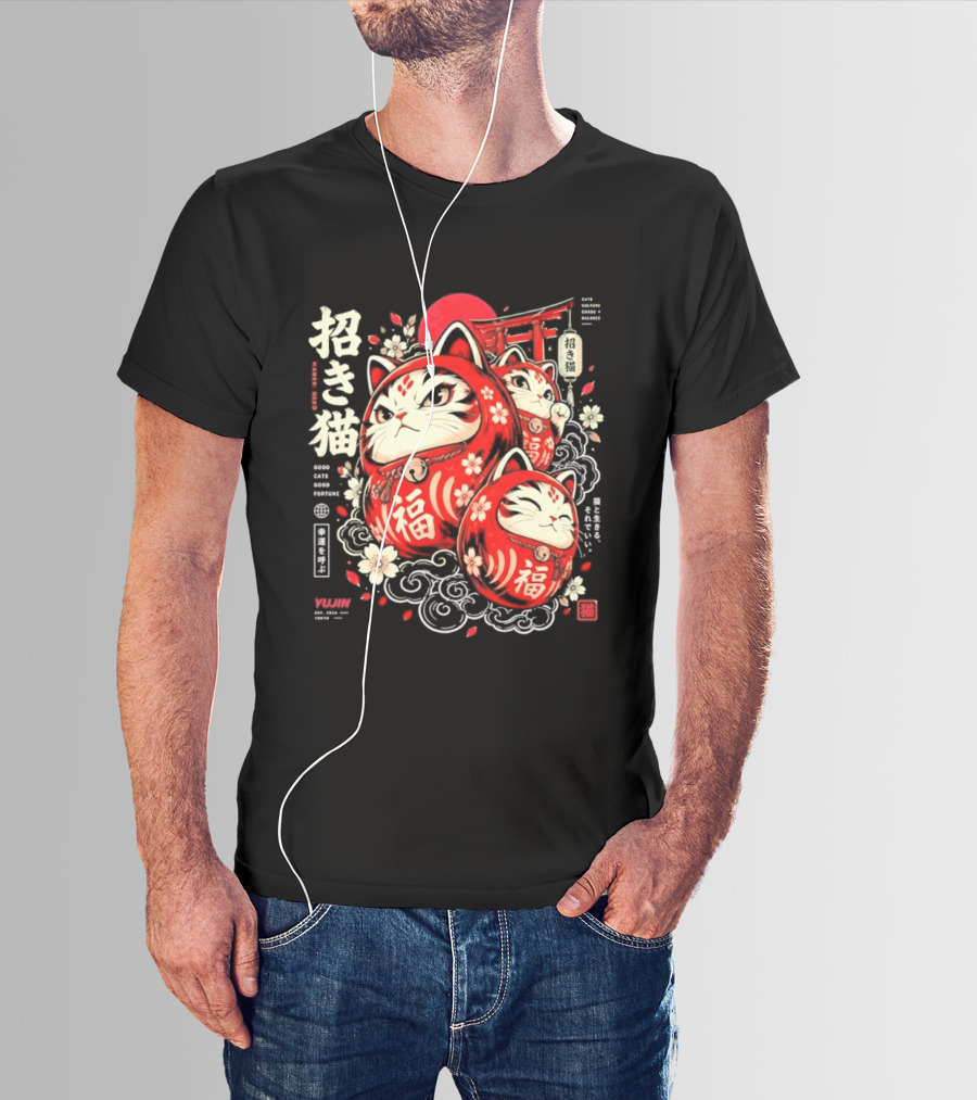 Maneki Neko Daruma Cat Sakura Blossom Charm T-Shirt