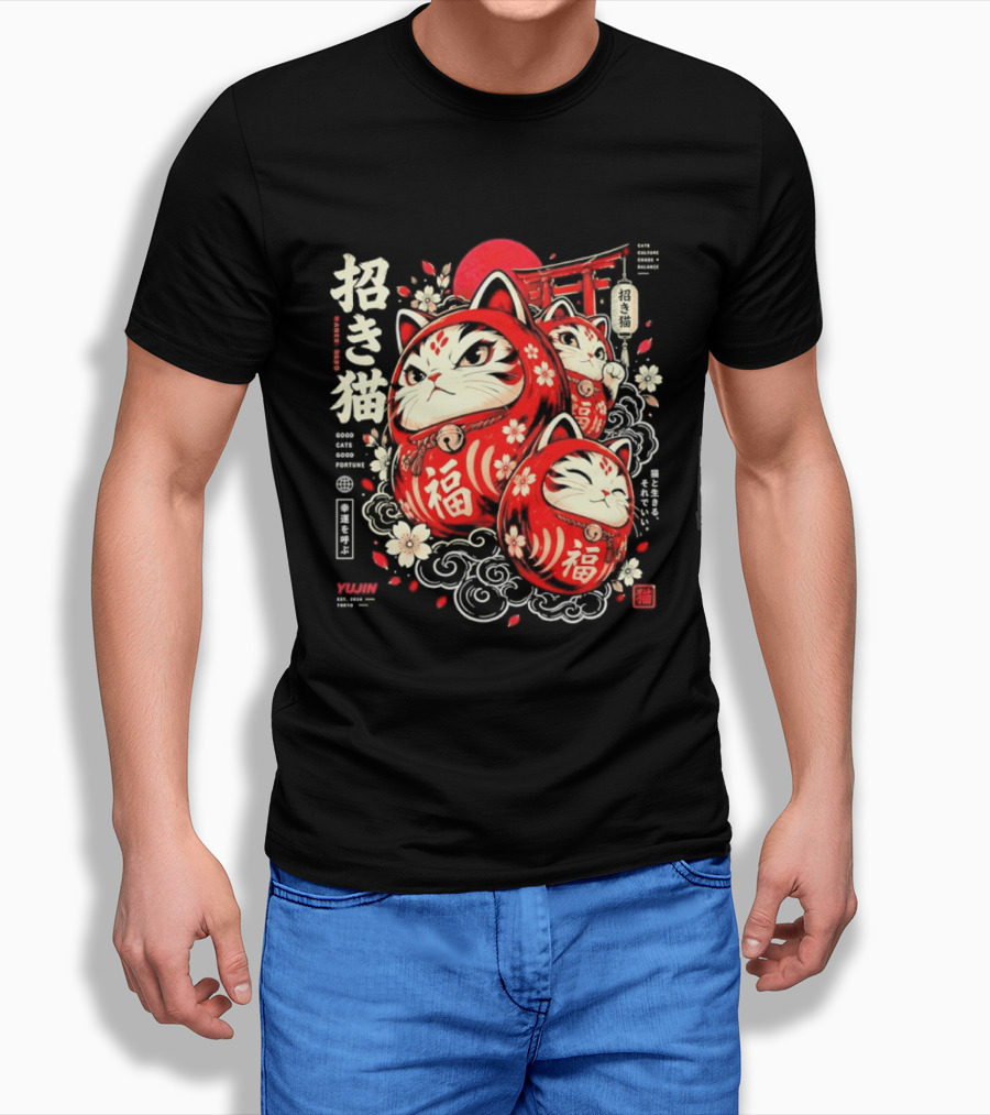 Maneki Neko Daruma Cat Sakura Blossom Charm T-Shirt