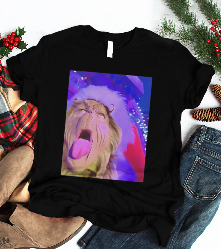 Grinch Santa Hat Funny Tongue Out Meme Christmas T-Shirt
