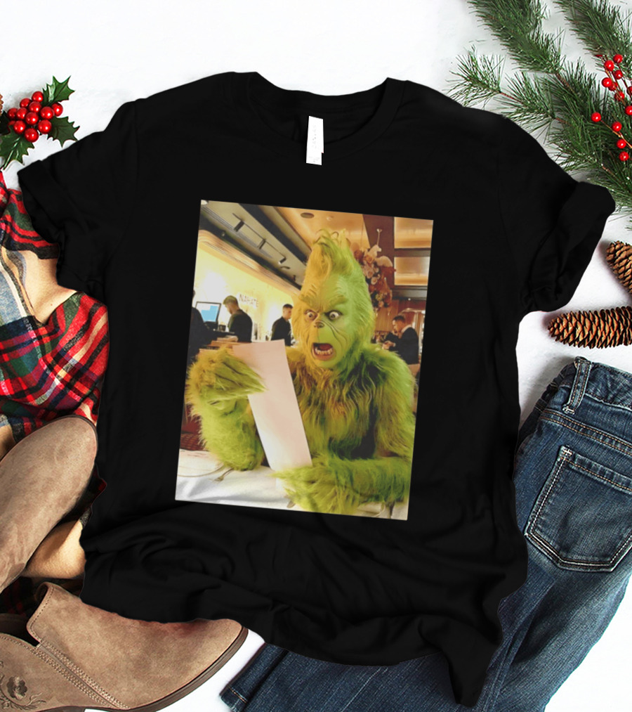 Grinch Shocked By Restaurant Bill Meme Christmas Humor T-Shirt