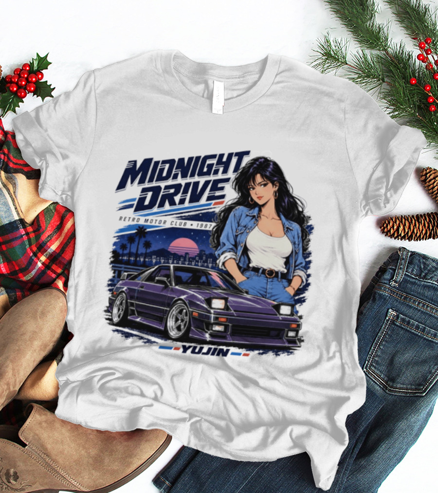 Midnight Drive Retro Motor Club 1987 Car And Woman T-Shirt