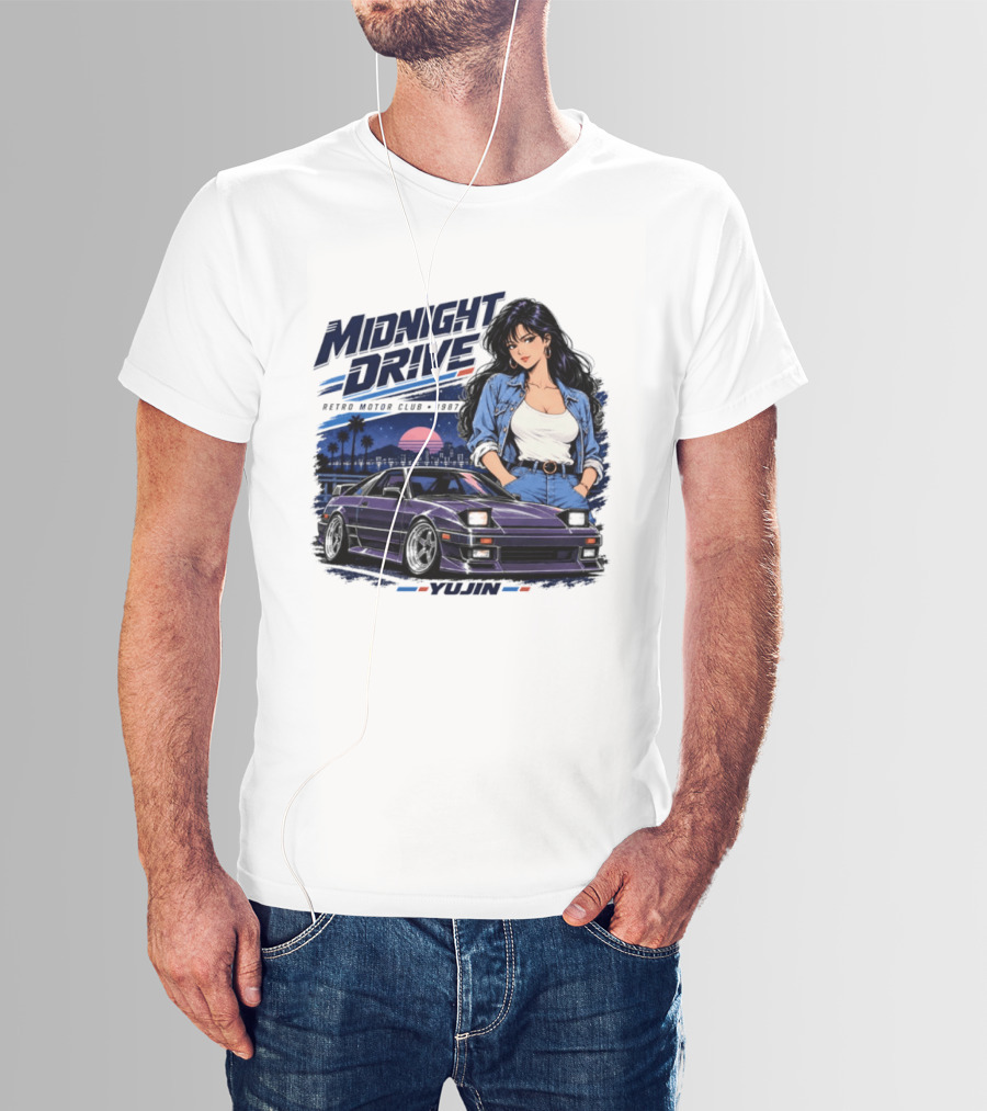 Midnight Drive Retro Motor Club 1987 Car And Woman T-Shirt