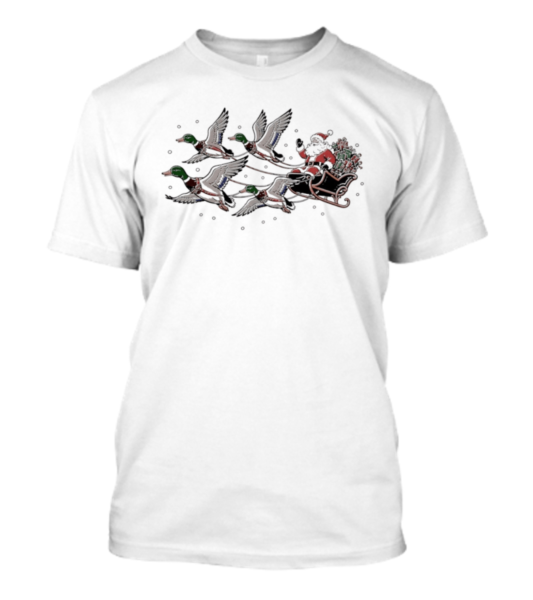 Santa Claus Flying In Sleigh Pulled By Mallard Ducks Christmas 2026 T-Shirt