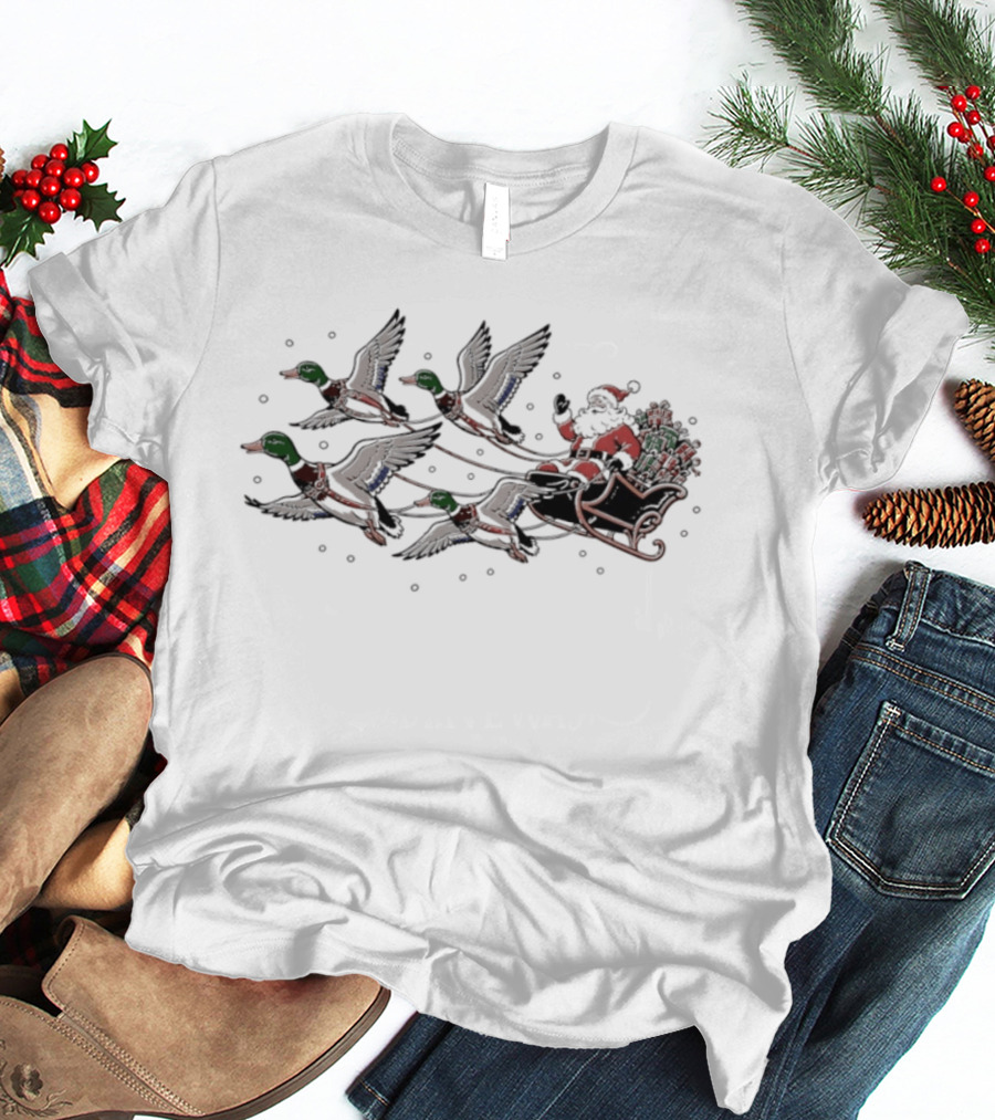 Santa Claus Flying In Sleigh Pulled By Mallard Ducks Christmas 2026 T-Shirt