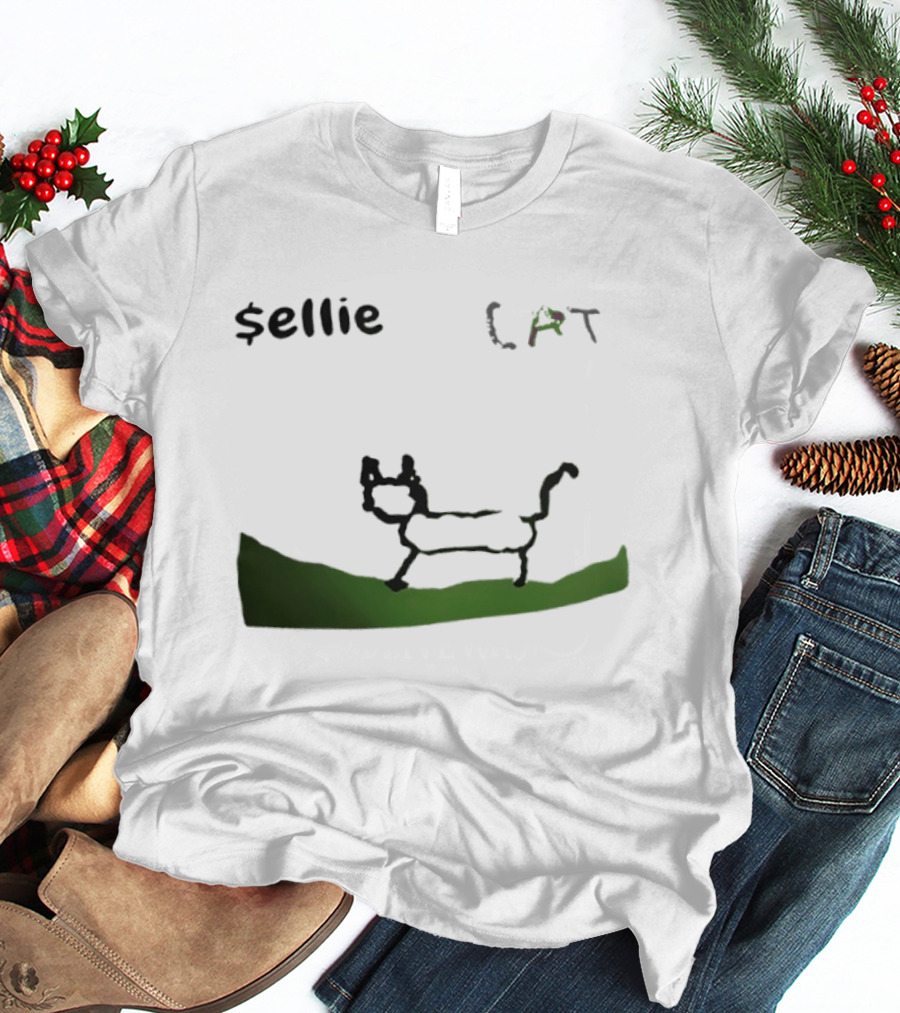 $sellie CAT Drawing Sketch With Green Ground T-Shirt