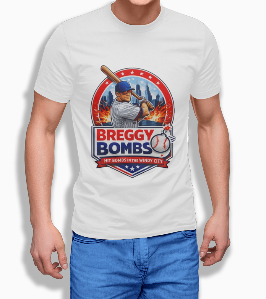 Breggy Bombs Hit Bombs In The Windy City Baseball Power Chicago Skyline Fireworks T-Shirt