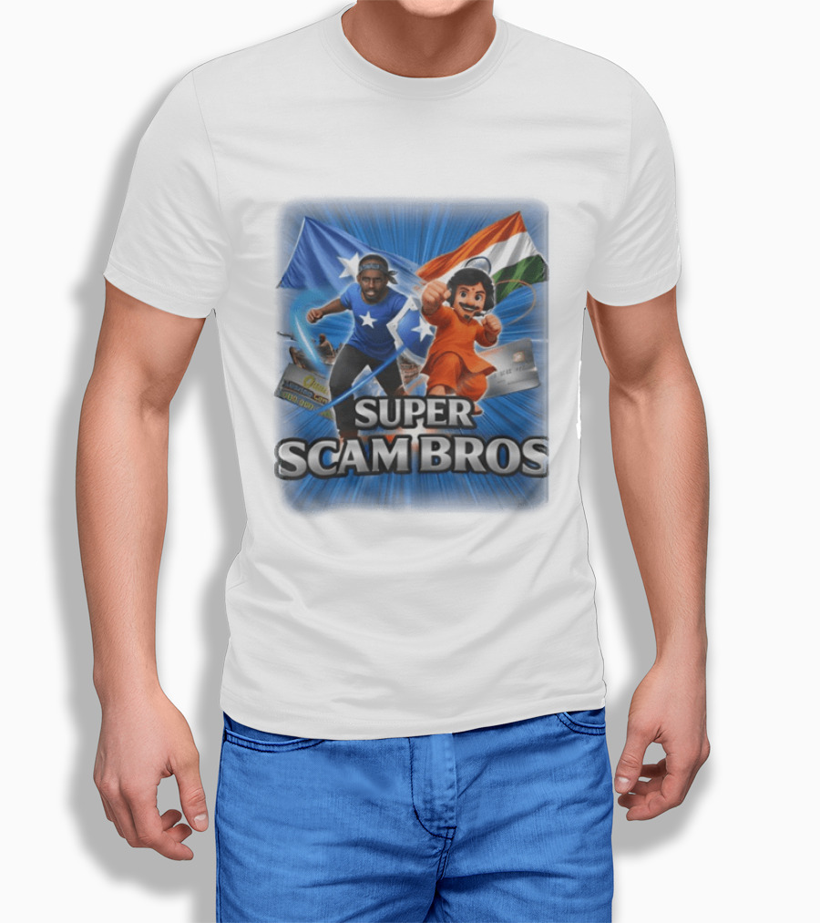 Super Scam Bros Indian Flag With Cartoon Superheroes And Credit Cards T-Shirt