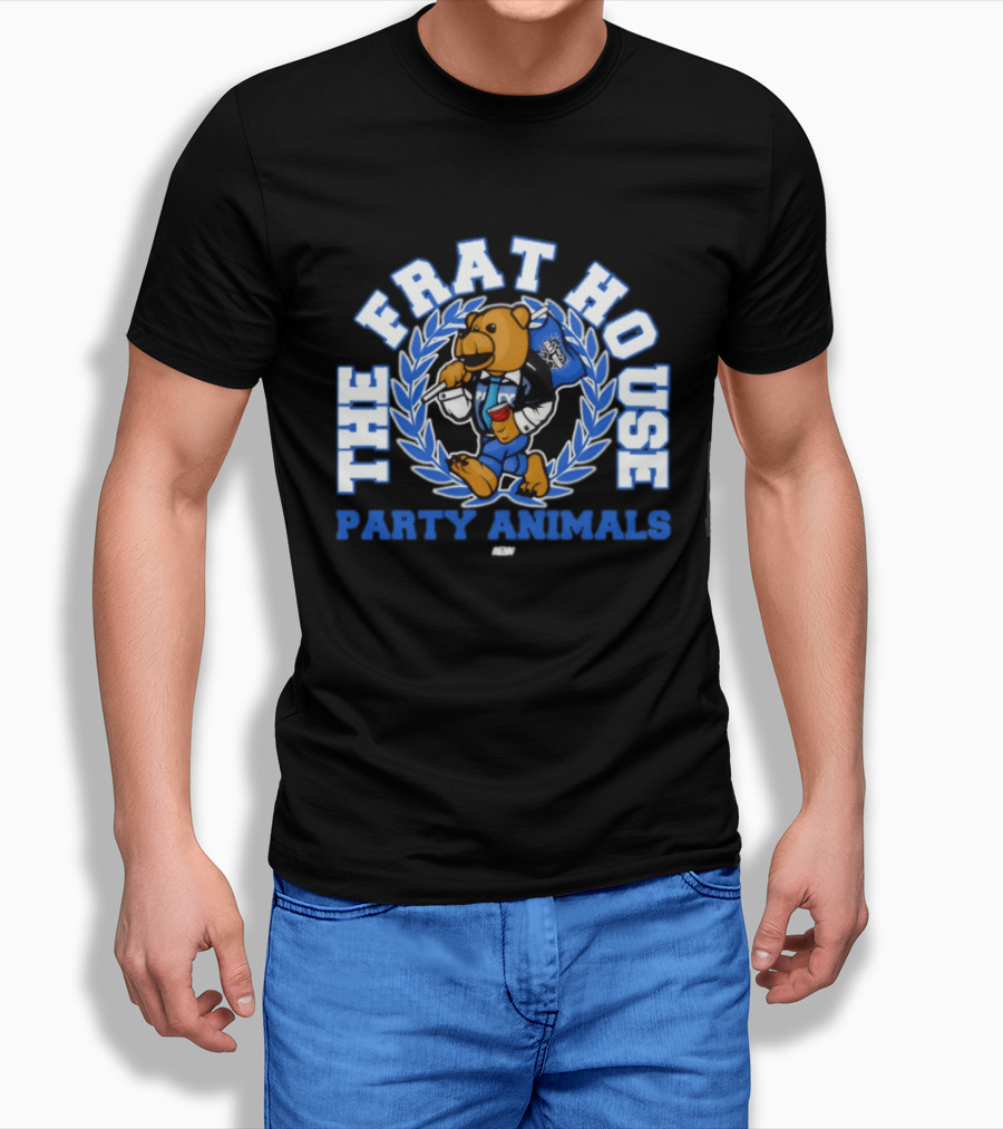 The Frat House Party Animals Beer Bear Drinking In Blue College Jacket T-Shirt