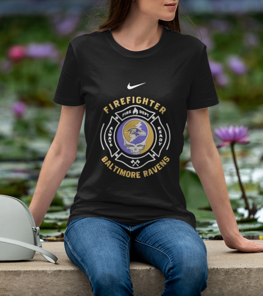 Nike Baltimore Ravens Grateful Dead Firefighter Ravens Heads SFDNY Station 26 Engine 58 T-Shirt
