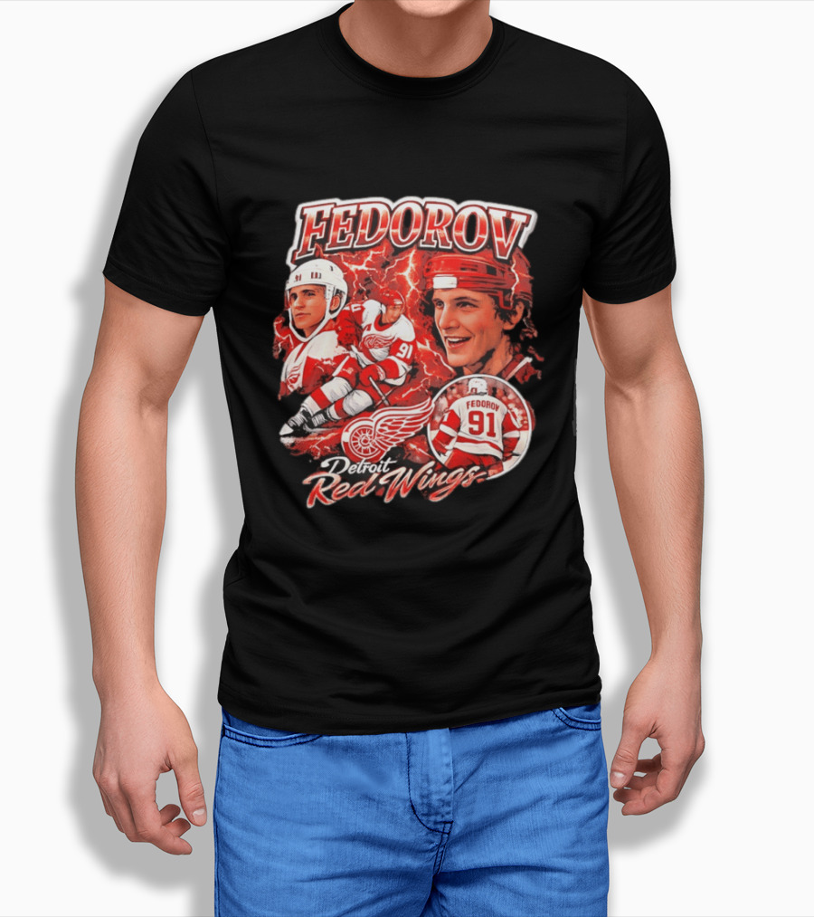 Fedorov 91 Detroit Red Wings Vintage Hockey Hero T-Shirt