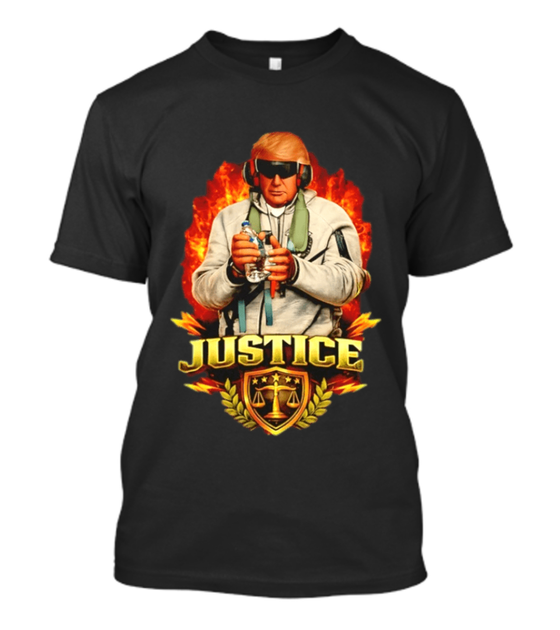 Justice Trump Flaming Background Holding Water Scales Of Justice T-Shirt