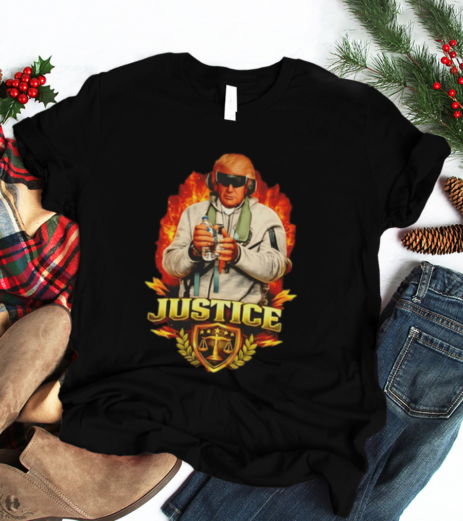 Justice Trump Flaming Background Holding Water Scales Of Justice T-Shirt