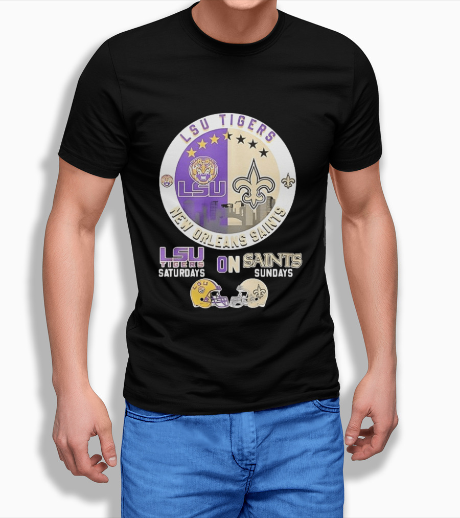 LSU Tigers Saturdays New Orleans Saints Sundays Mashup Helmet T-Shirt