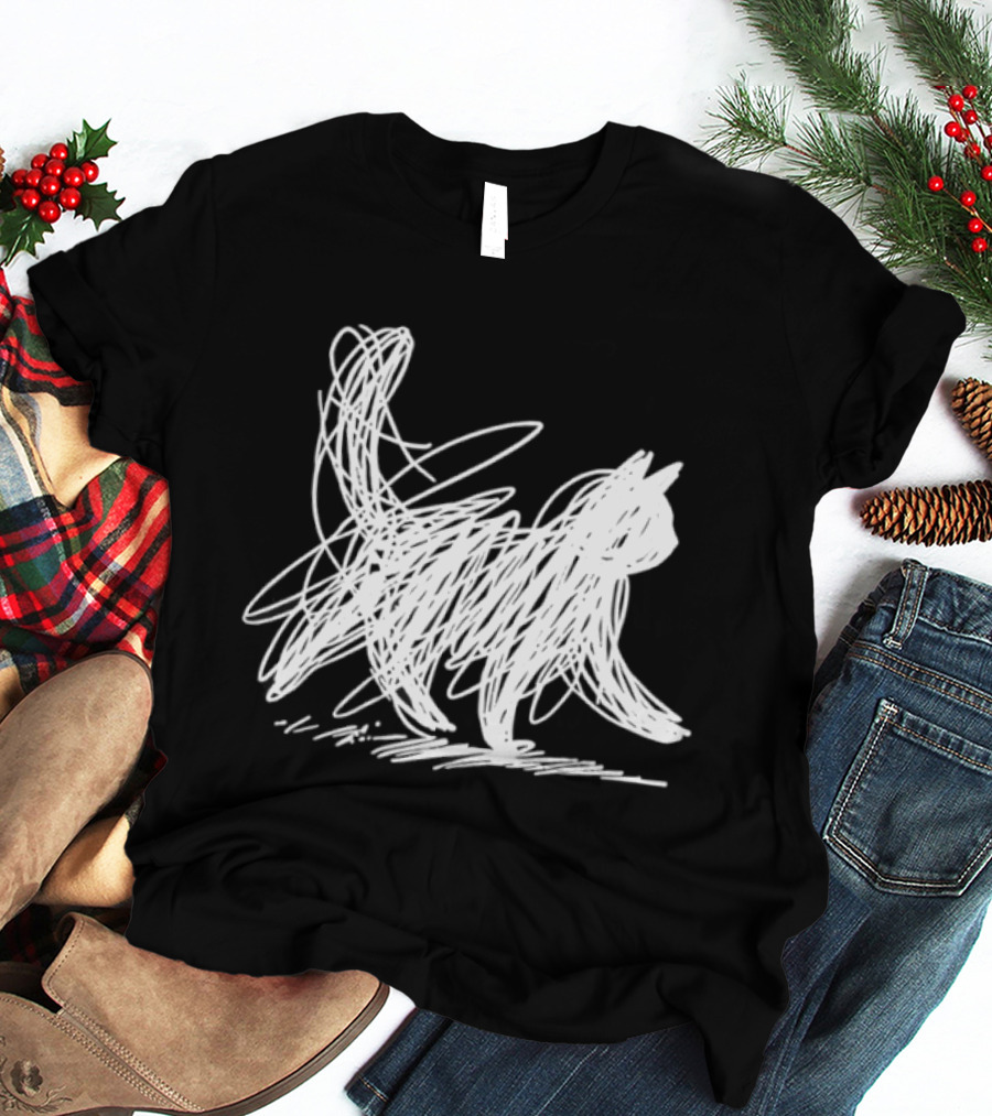 Scribble Cat Minimal Line Art Japanese T-Shirt