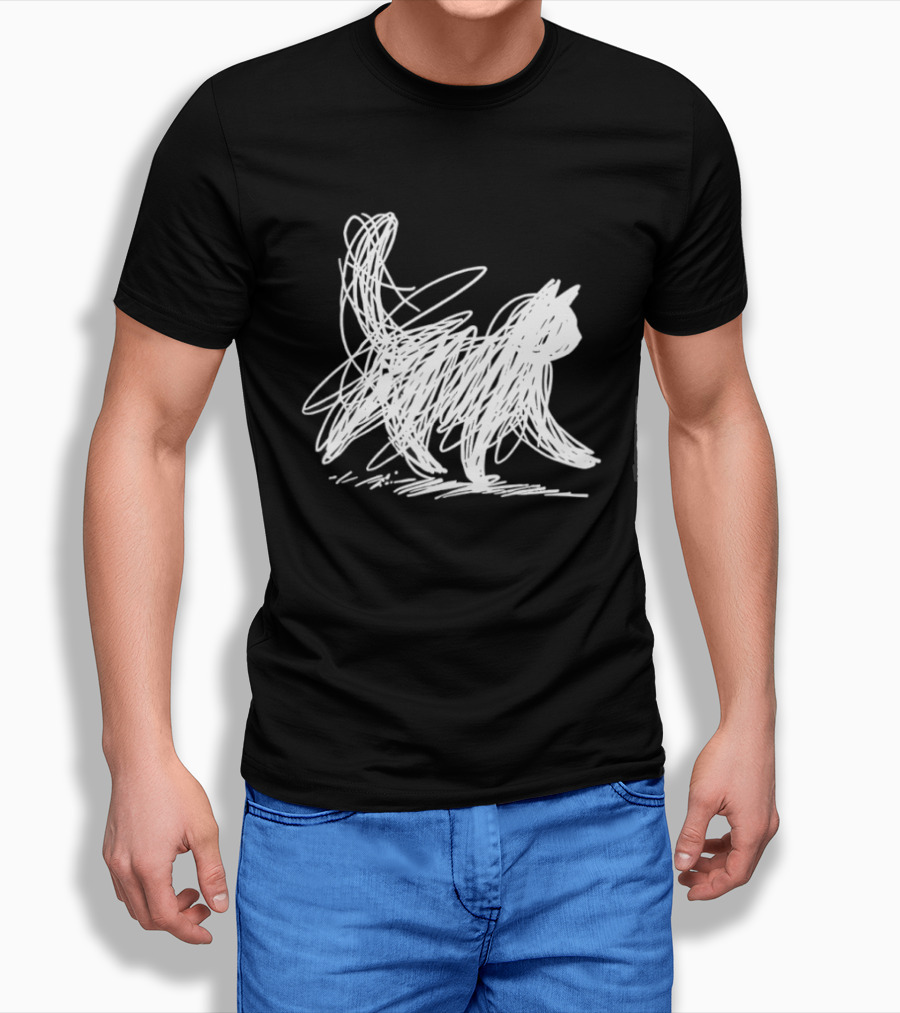 Scribble Cat Minimal Line Art Japanese T-Shirt