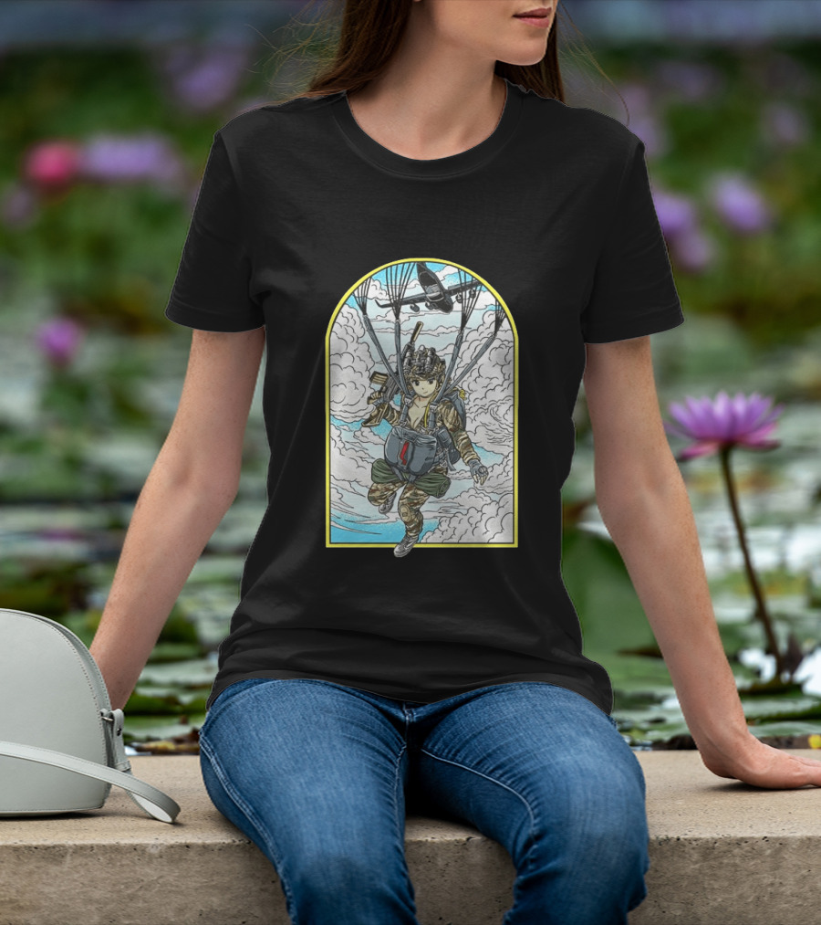 Sky Waifu Anime Paratrooper With Clouds And Plane T-Shirt