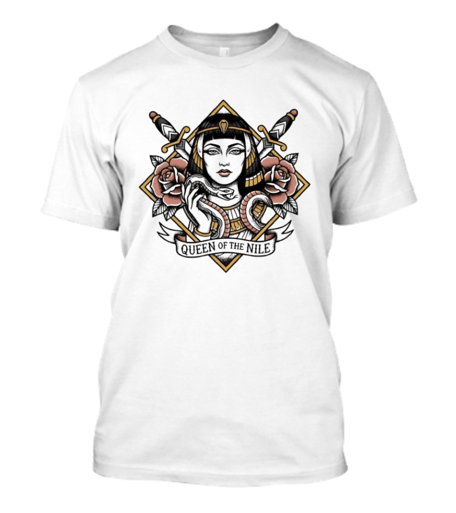 Queen Of The Nile Cleopatra Egyptian Iconic Imagery With Swords And Flowers T-Shirt
