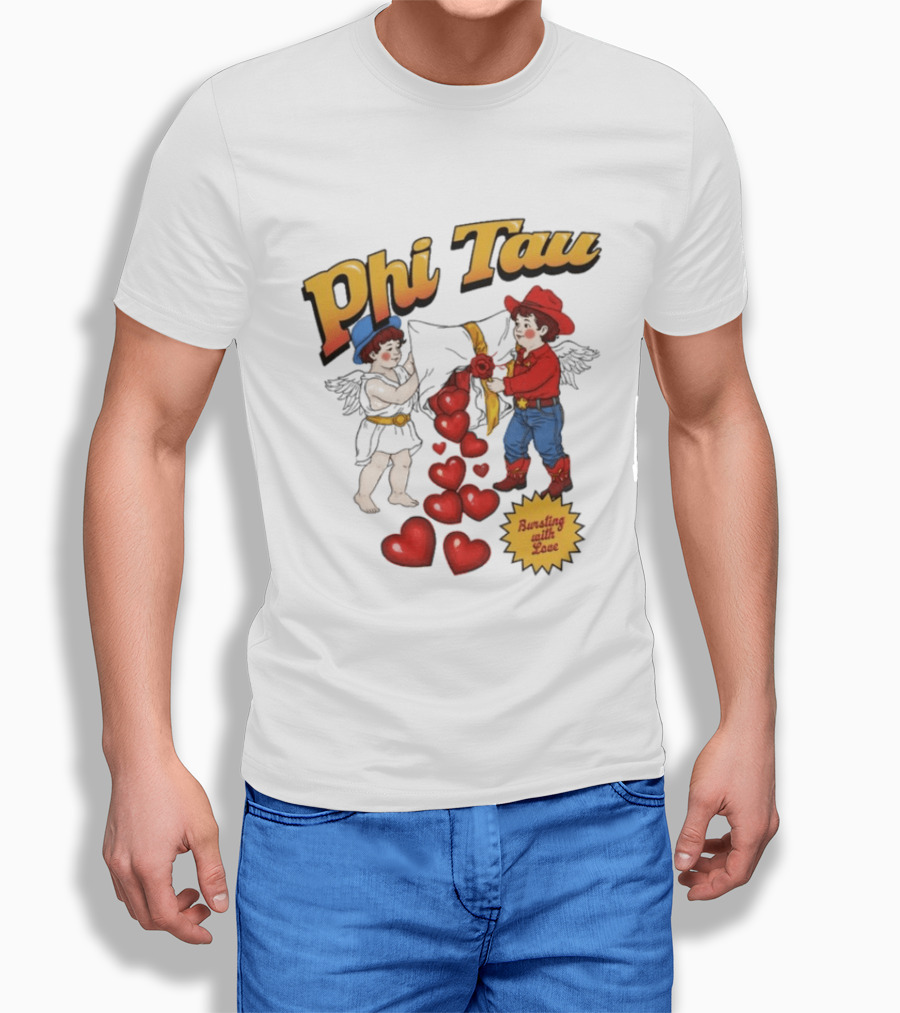 Phi Tau Valentine's Cupid And Cowboy Bursting With Love Hearts T-Shirt