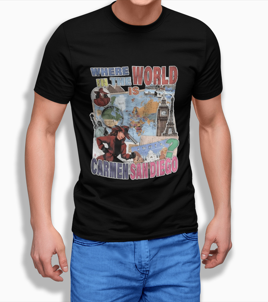 Where In The World Is Carmen Sandiego Map And Landmarks Collage T-Shirt
