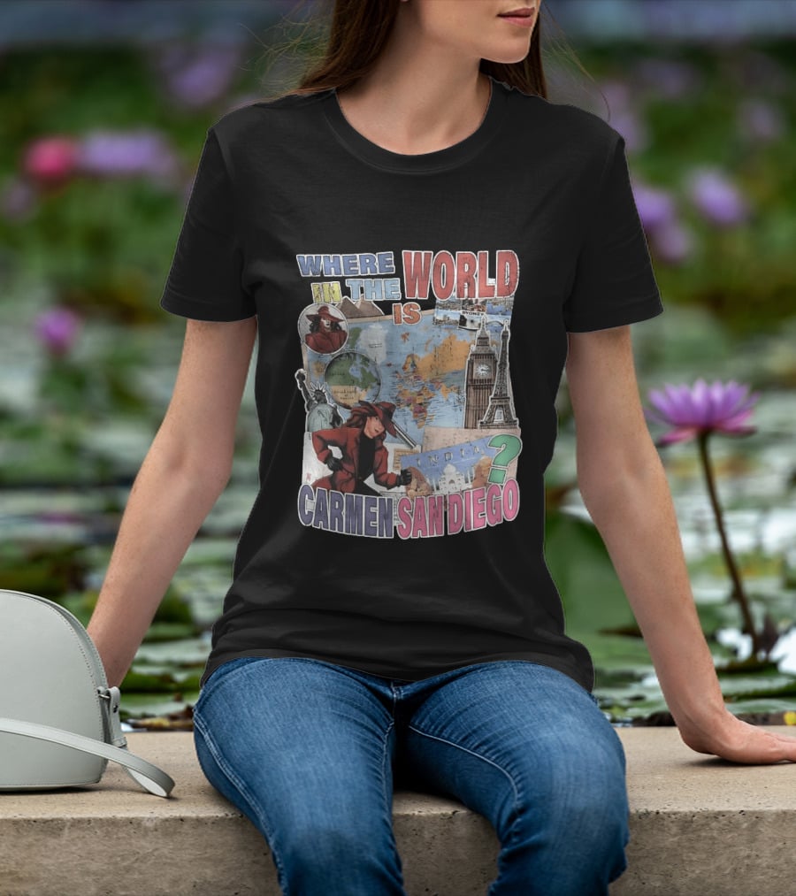 Where In The World Is Carmen Sandiego Map And Landmarks Collage T-Shirt