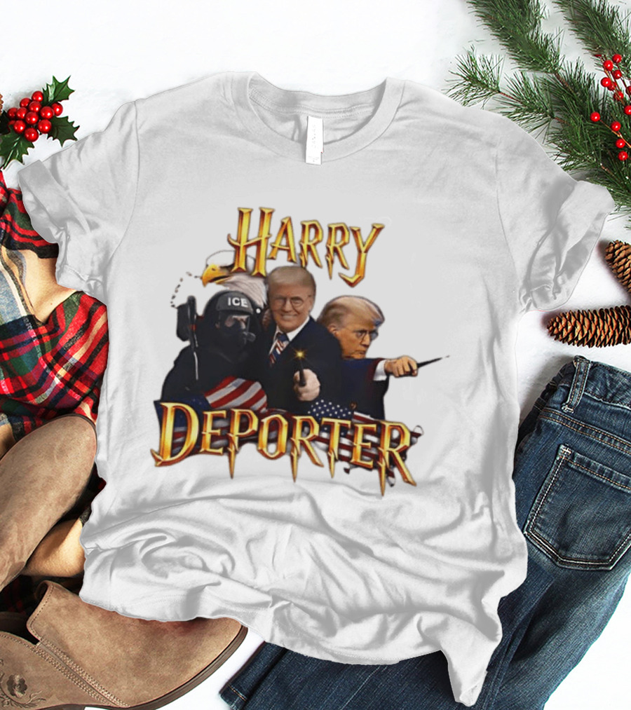 Harry Deporter Trump ICE Caricature American Flag Wand And Eagle T-Shirt