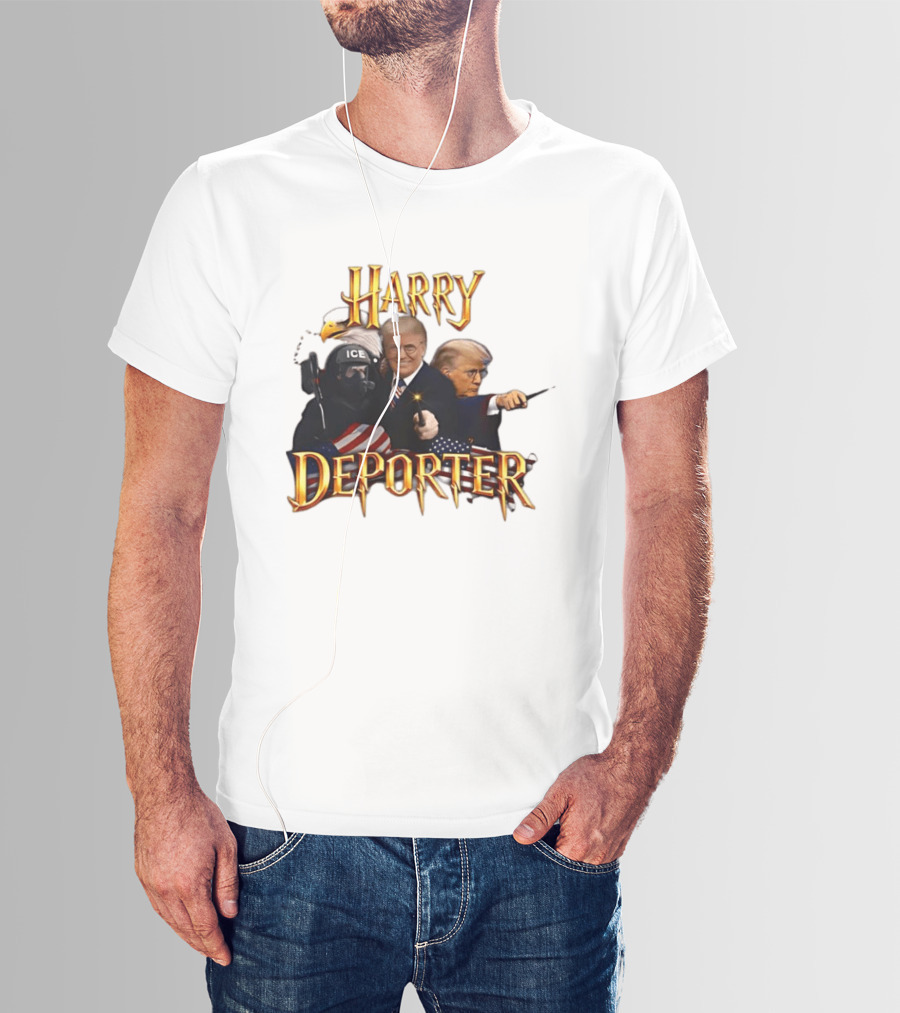 Harry Deporter Trump ICE Caricature American Flag Wand And Eagle T-Shirt