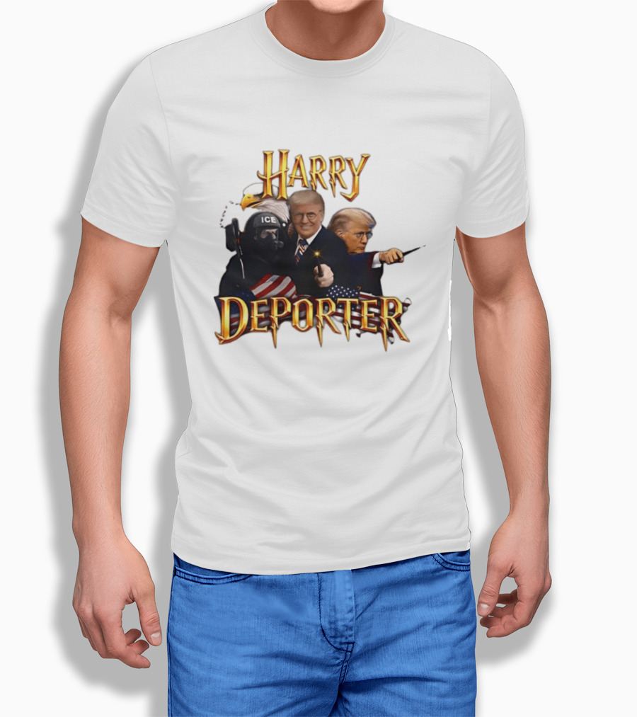 Harry Deporter Trump ICE Caricature American Flag Wand And Eagle T-Shirt