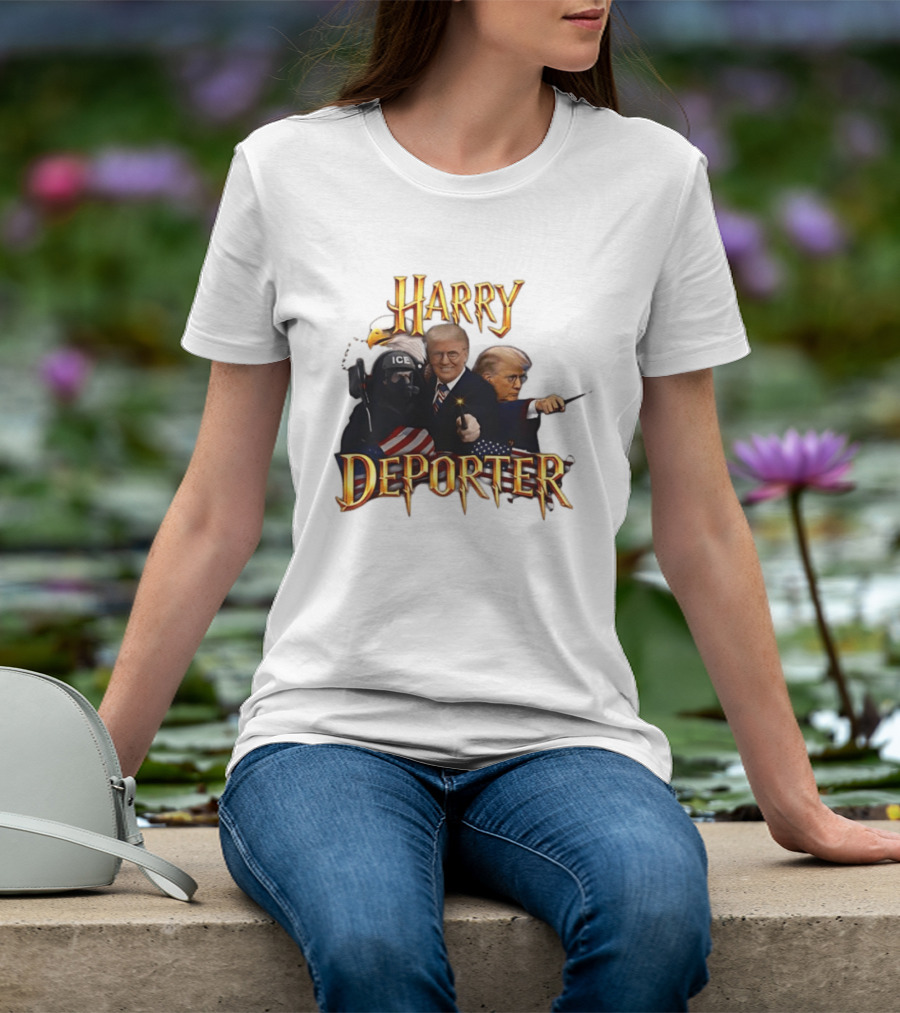 Harry Deporter Trump ICE Caricature American Flag Wand And Eagle T-Shirt
