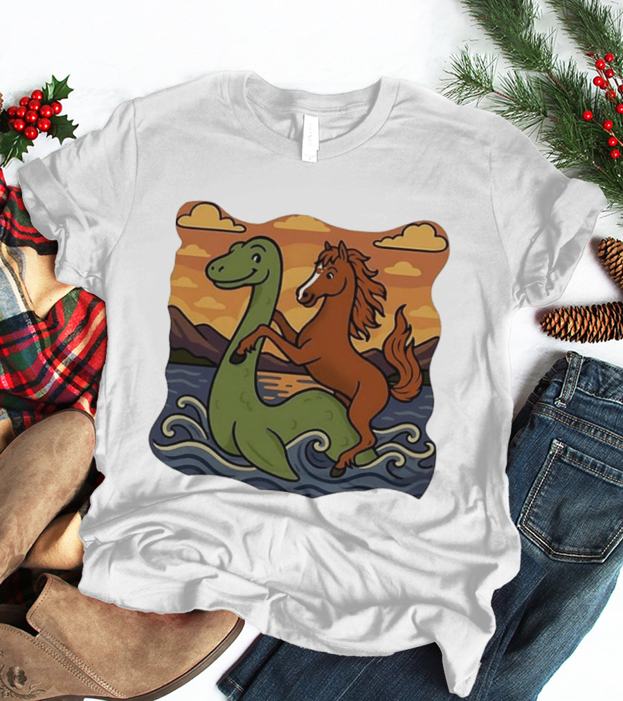 Playful Horse Riding Loch Ness Monster At Sunset Scene T-Shirt