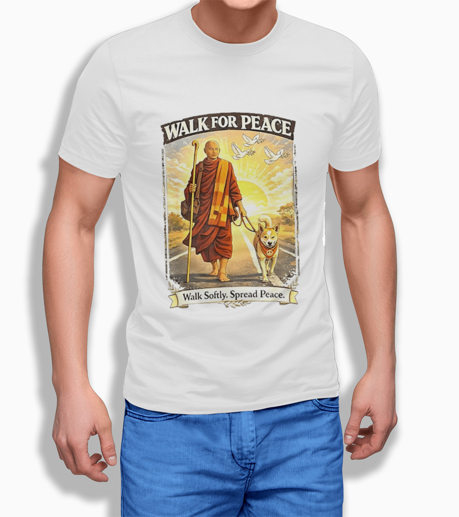 Walk For Peace Walk Softly Spread Peace Monks And Aloka The Peace Dog Doves Sun T-Shirt