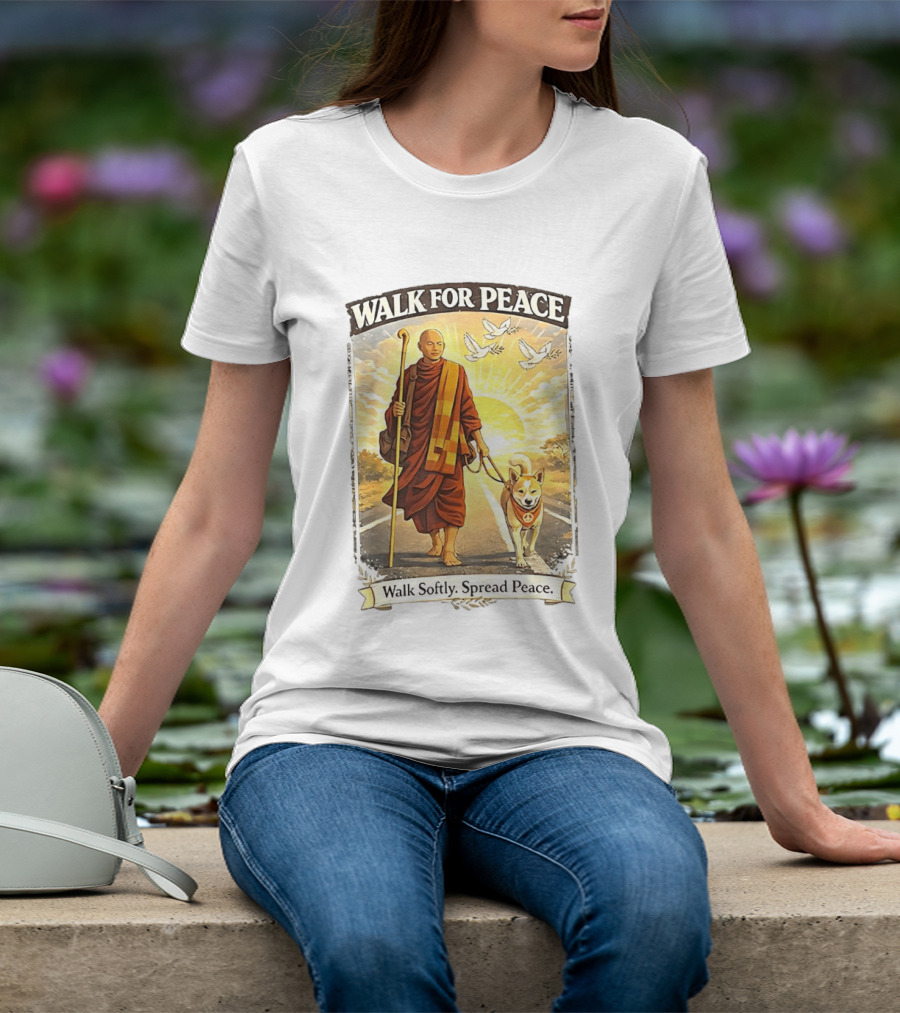 Walk For Peace Walk Softly Spread Peace Monks And Aloka The Peace Dog Doves Sun T-Shirt