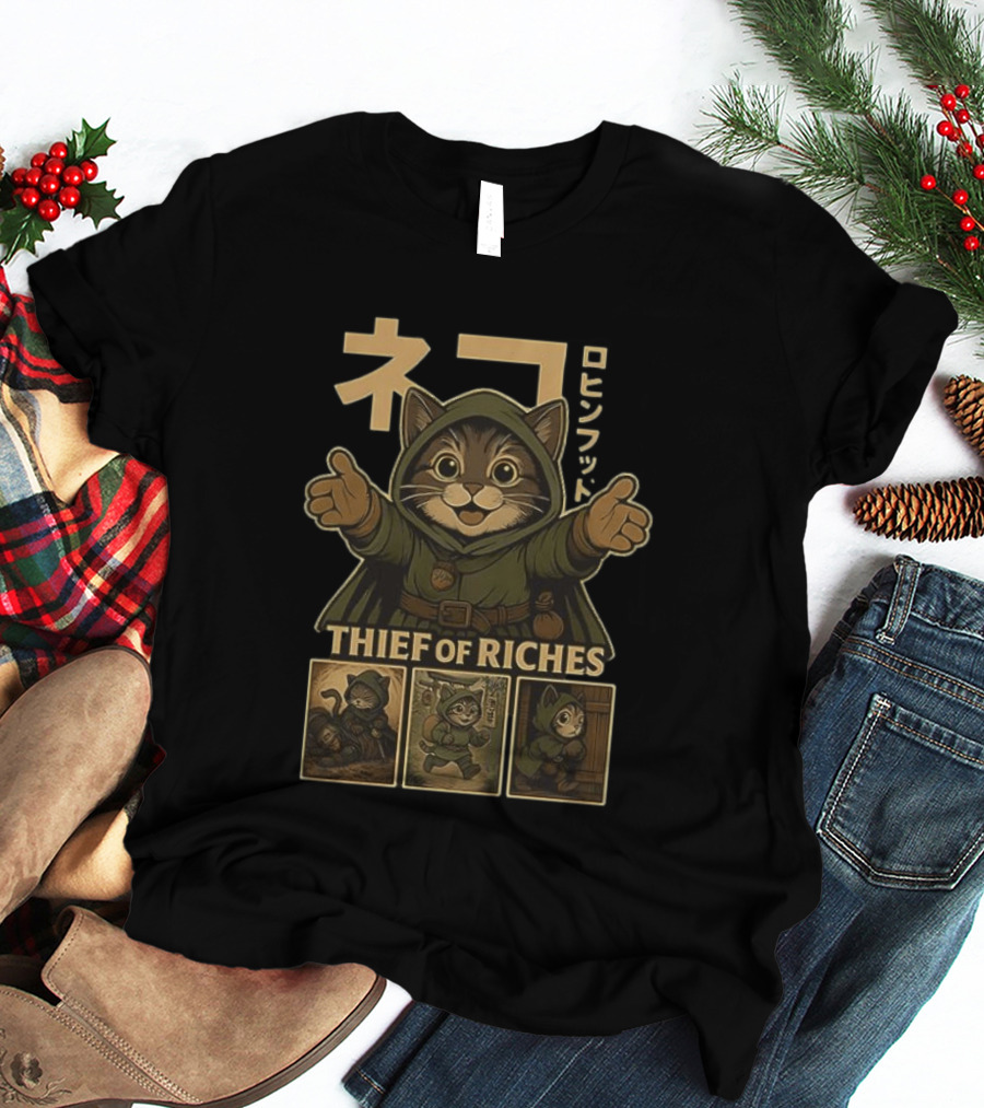 Cat Thief Of Riches Japanese Text Playful Robber T-Shirt